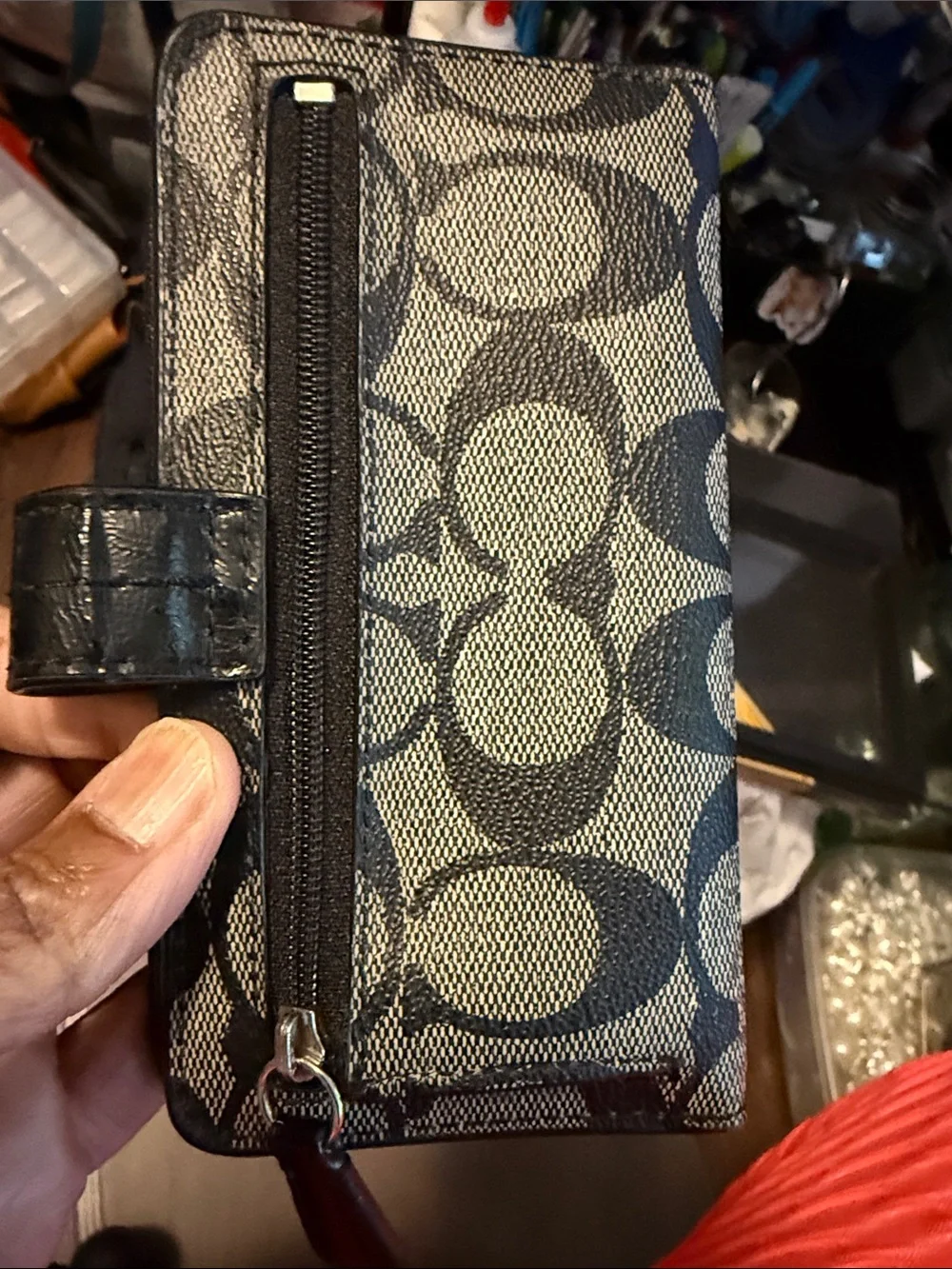 Coach Black Signature Canvas Wallet Phone Case with Logo Snap